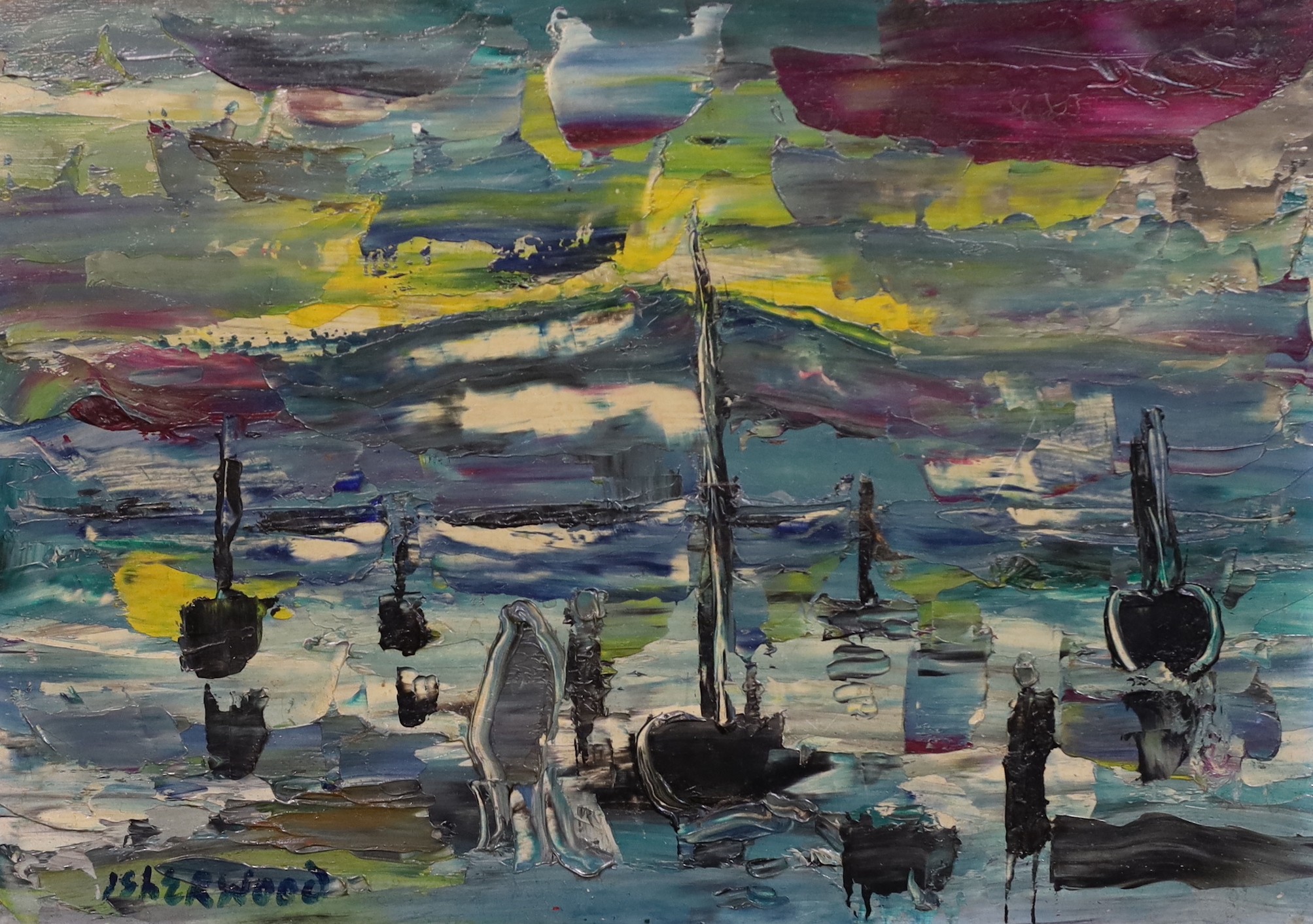 James Lawrence Isherwood (British, 1917- 1989), 'People at lake', oil on board, 24 x 34.5cm